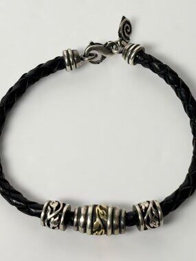 Relios Carolyn Pollack 925 Sterling Silver 18K Gold Braided Leather Bracelet 7.5